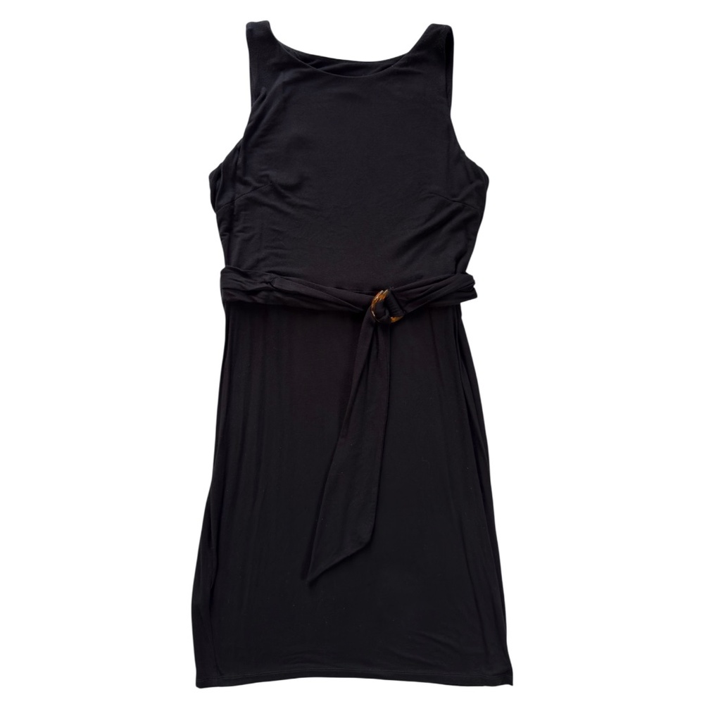 Calvin Klein Black Office Casual Sleeveless Jersey Belt Ring Dress 8 Midi LBD